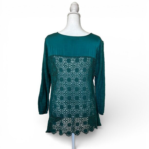 ANTHRO Maeve Emerald Green Peasant Top Crochet Lace Back Boho Blouse M - Picture 3 of 11